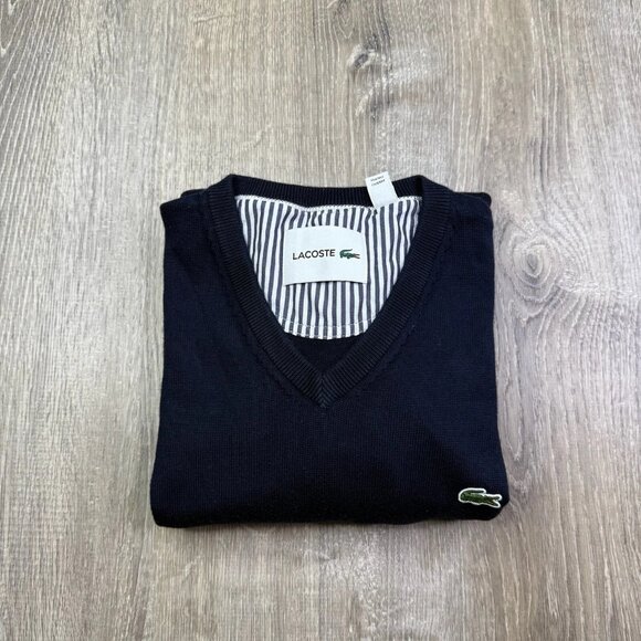 Lacoste Men’s Navy Blue V-Neck Tight Knitted Y2K Modern Pullover Sweater Size L - Picture 1 of 10